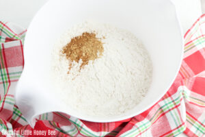 Dry ingredients in a white mixing bowl.