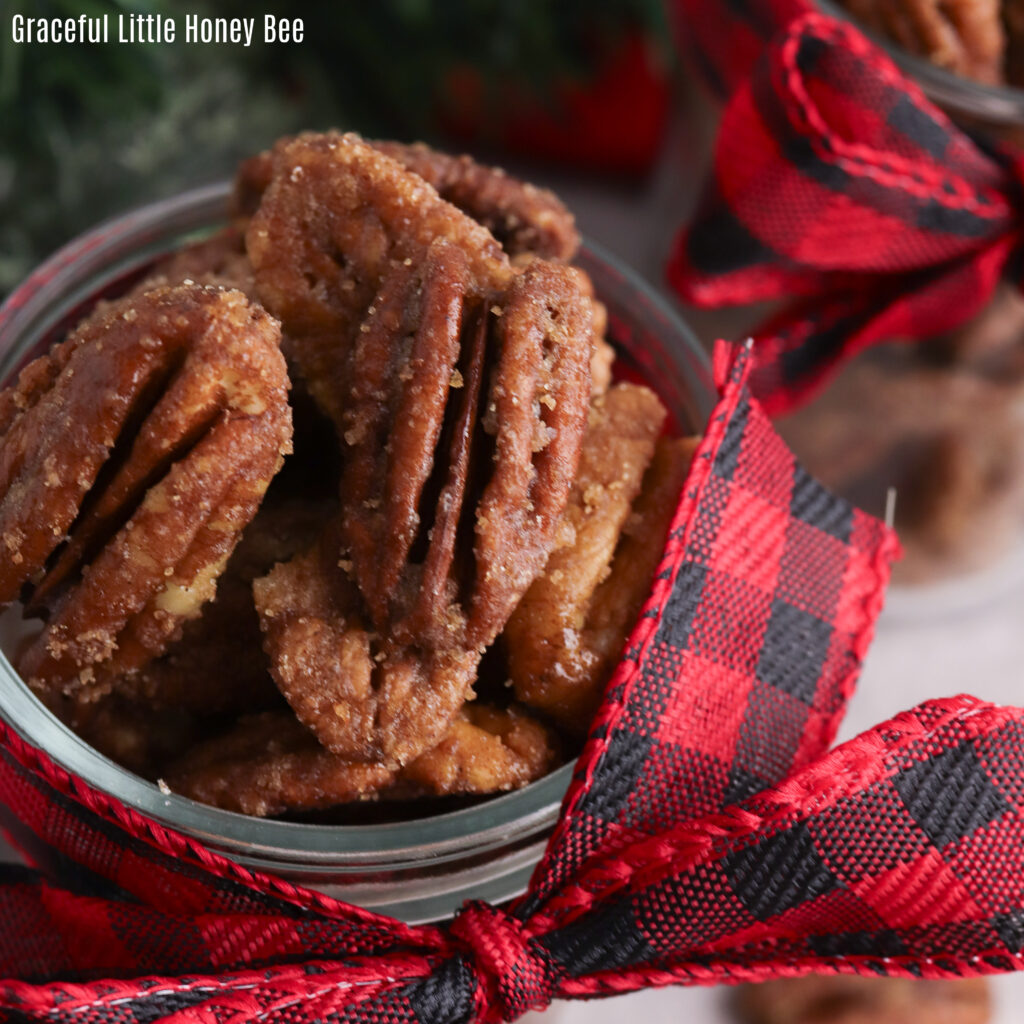 A small mason jar filled with candied pecans and tied with a red and black buffalo checked bow.