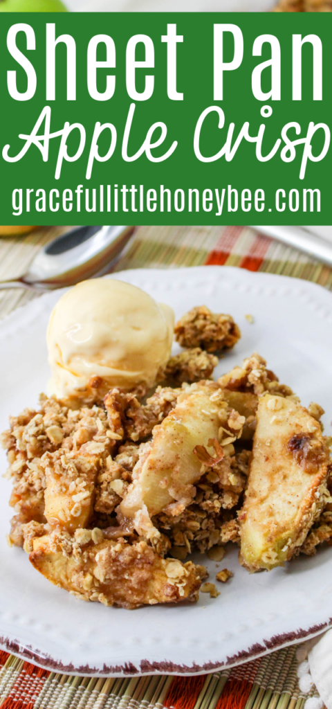 A serving of sheet pan apple crisp with vanilla ice cream on a white, round plate.