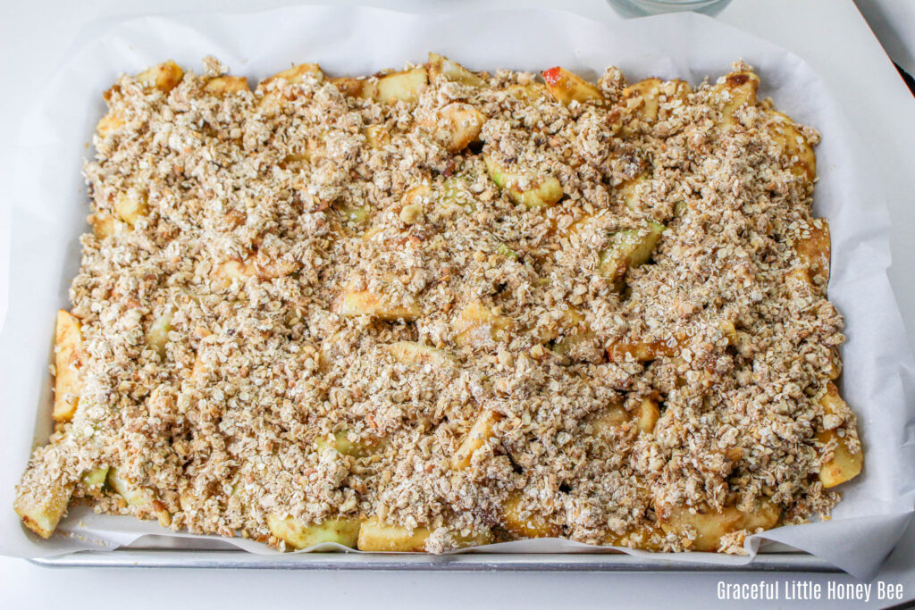 Sheet pan apple crisp before going into the oven.