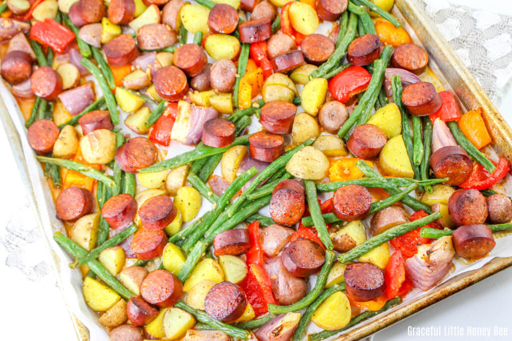 Close up view of sausage sheet pan dinner.