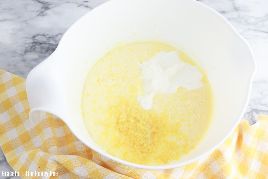 Wet ingredients in a white mixing bowl.