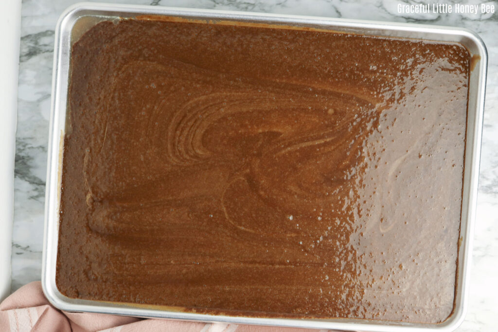 Cake batter on a sheet pan.