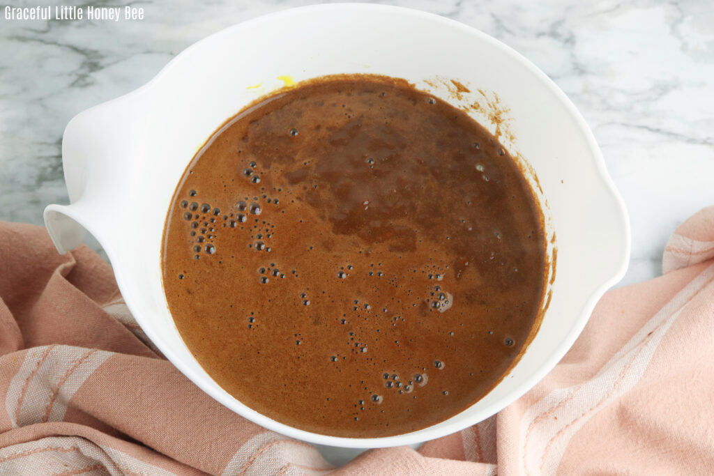 Chocolate mixture in mixing bowl.