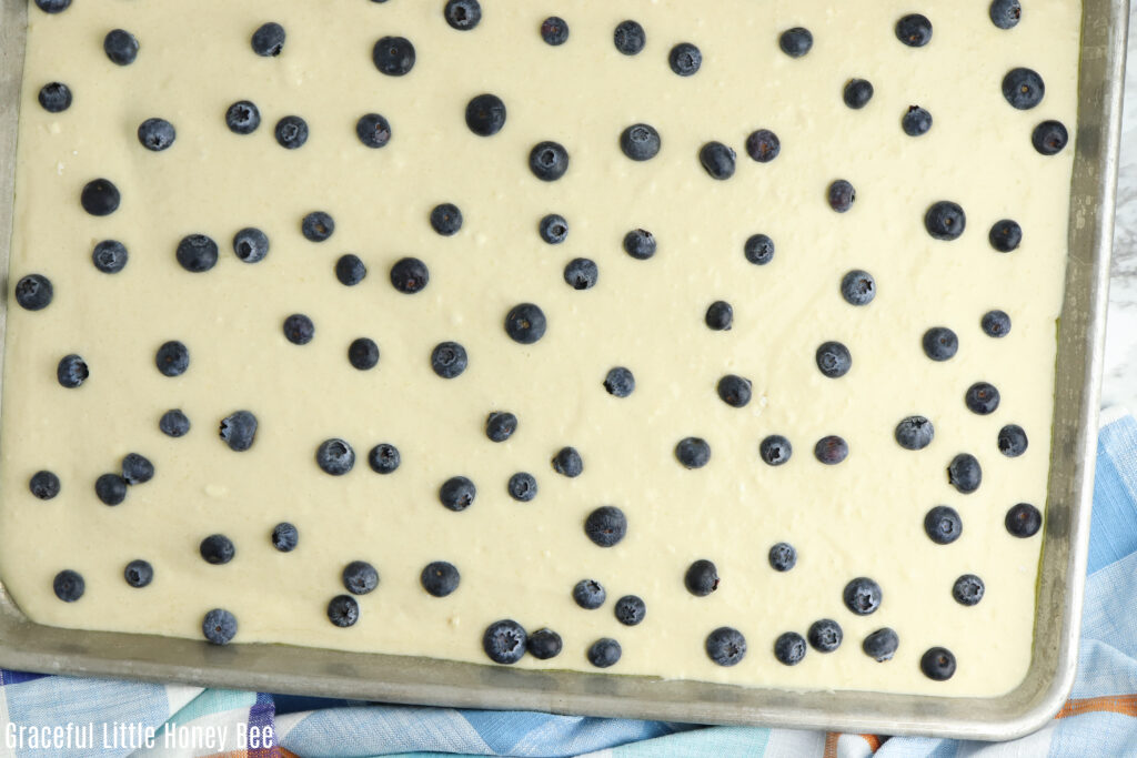 Pancake batter topped with blueberries on a sheet pan.