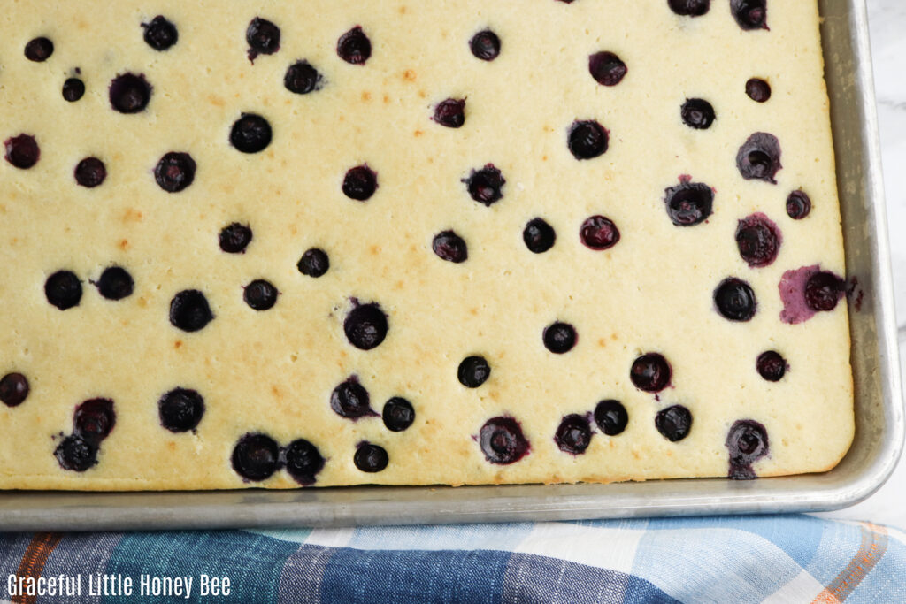An aerial view of blueberry sheet pan pancakes.