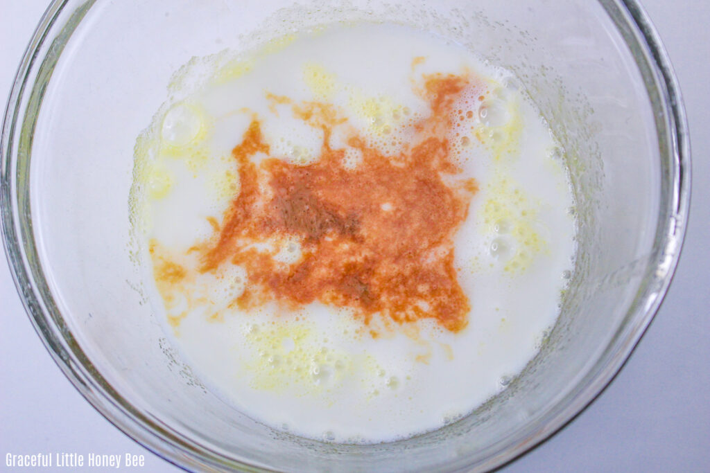 Wet ingredients in a mixing bowl.