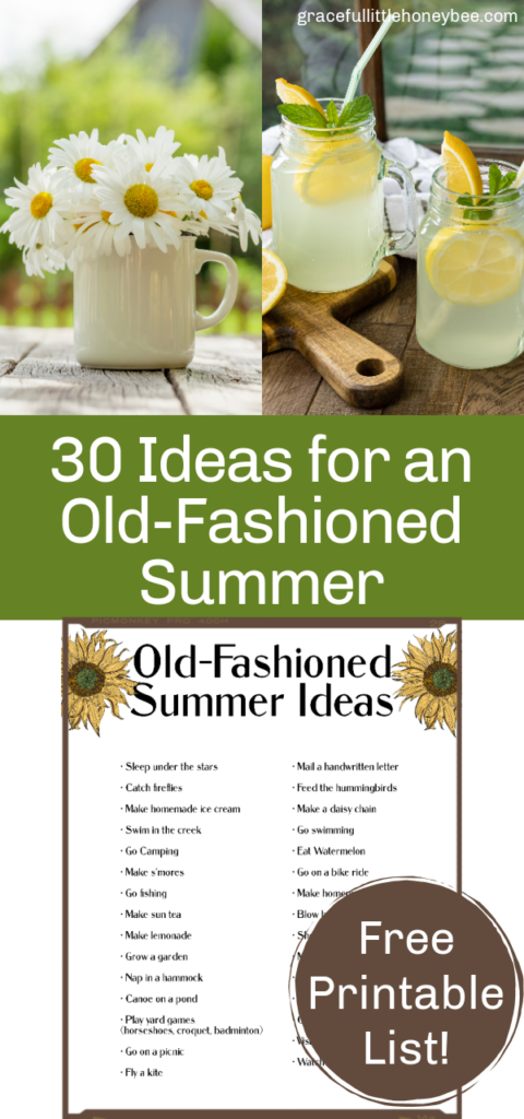 A collage of images including a list of old-fashioined summer ideas, a coffee mug full of daisies and mason jar lemonade cups.