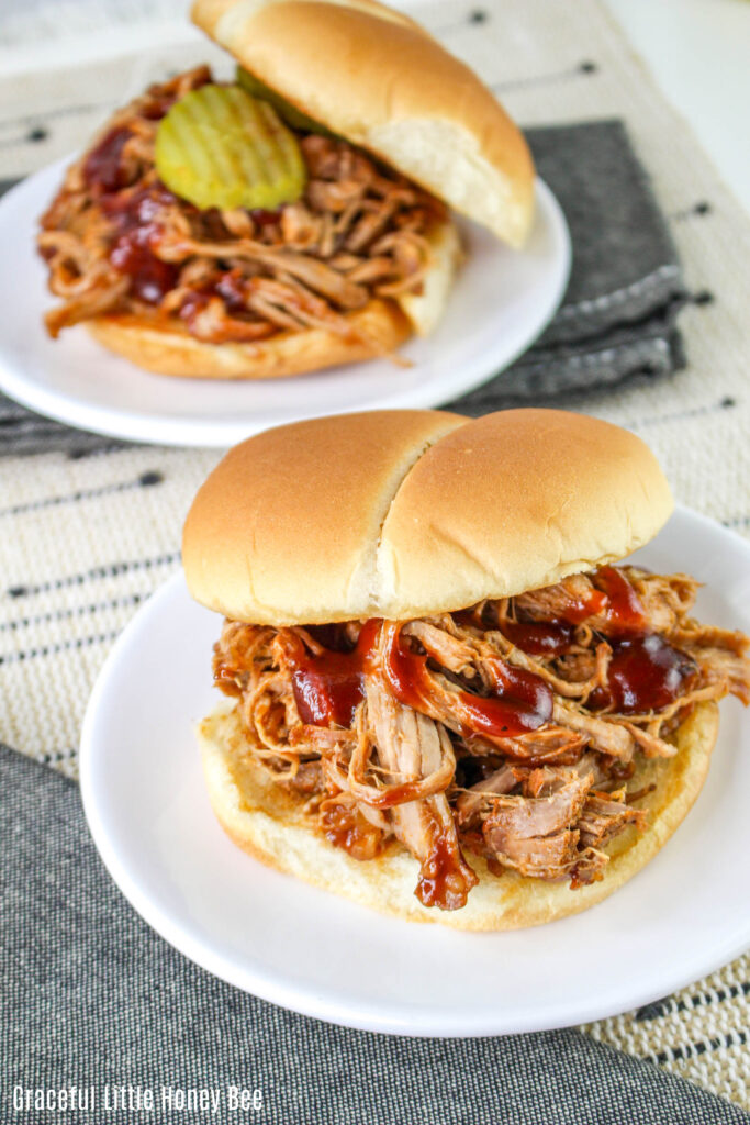 Close up view of a pulled pork bbq sandwich.