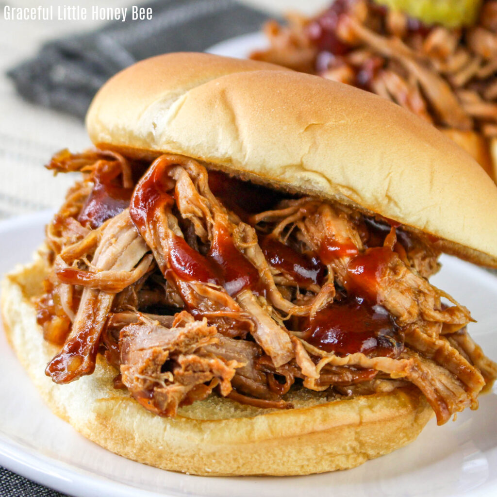 Close up view of a pulled pork bbq sandwich.