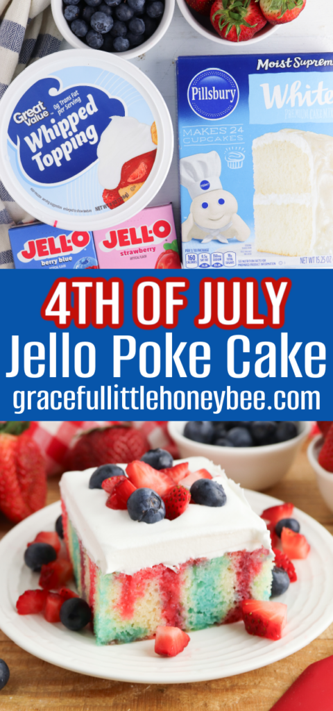 Square serving of jello poke cake with fresh berries on top.