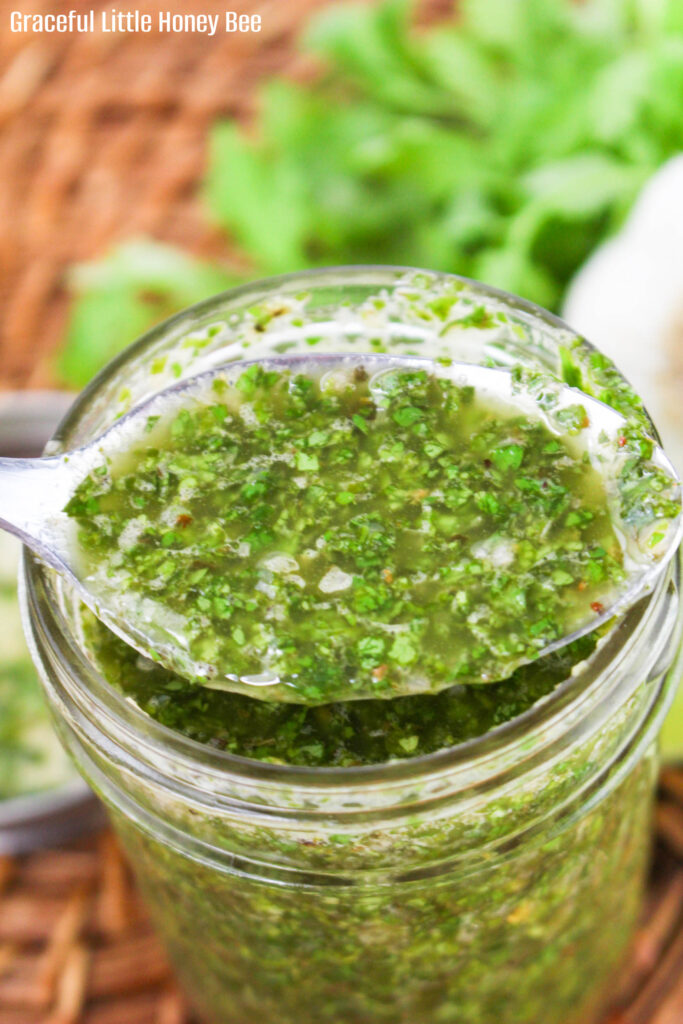 Close up view of chimichurri sauce in a mason jar, with a spoonful over the top.