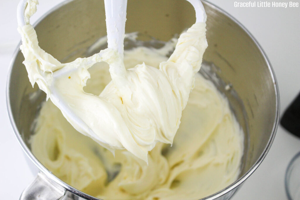 Cream cheese mixture in a stand mixer.