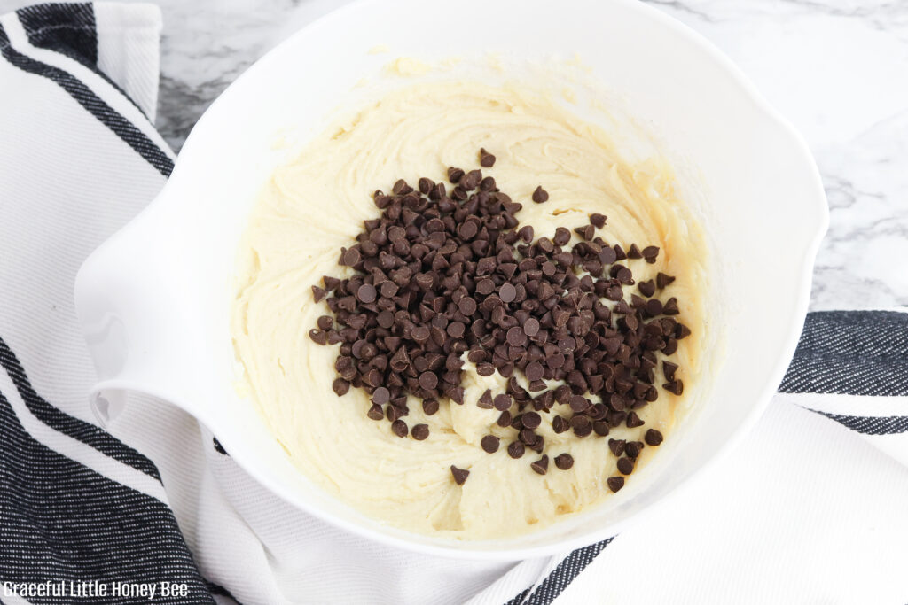 Pound cake batter with chocolate chips sitting on top.