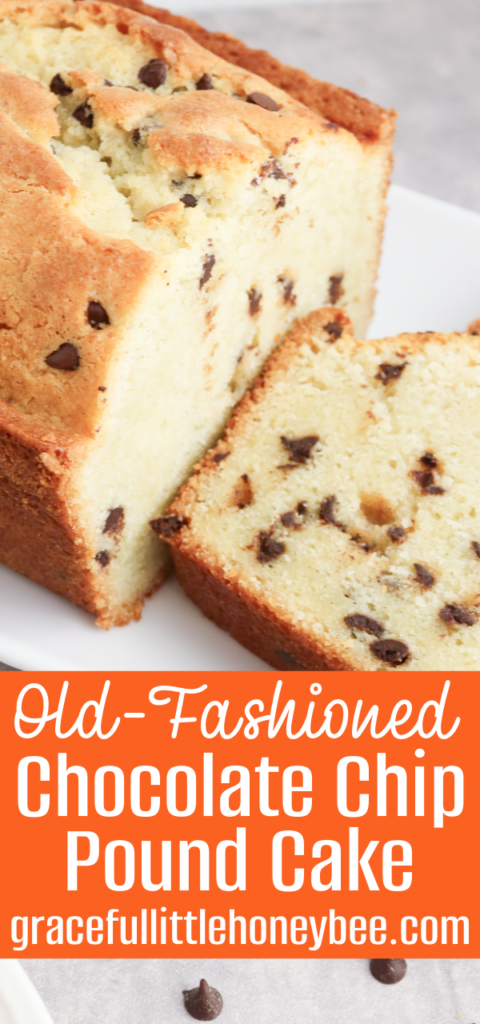 Aerial view of golden brown chocolate chip pound cake with two slices laying in front.