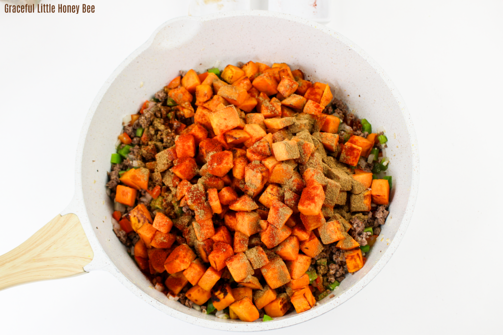 All ingredients in skillet before stirring.