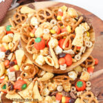 Party mix on a serving tray.