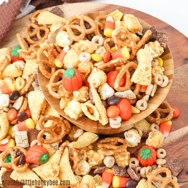 Party mix on a serving tray.