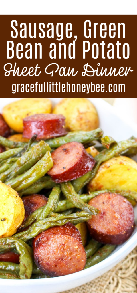 White bowl with sausage, green bean and potatoes.