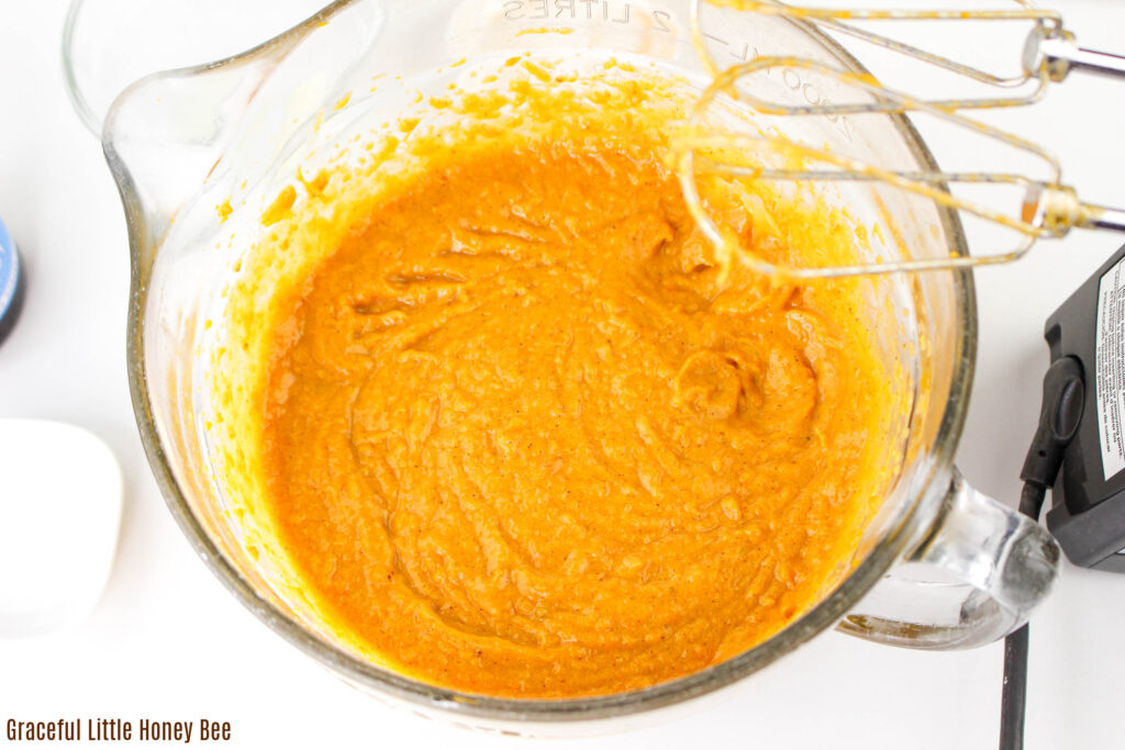Sweet potato pie filling in a mixing bowl.