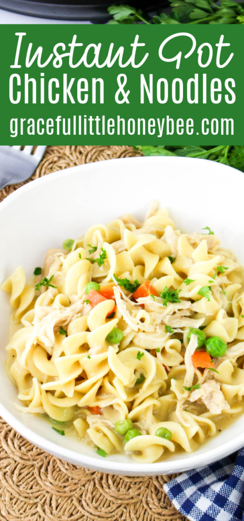 A round, white bowl of Instant Pot Chicken and Noodles.