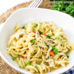 Bowl full of Instant Pot Chicken and Noodles.