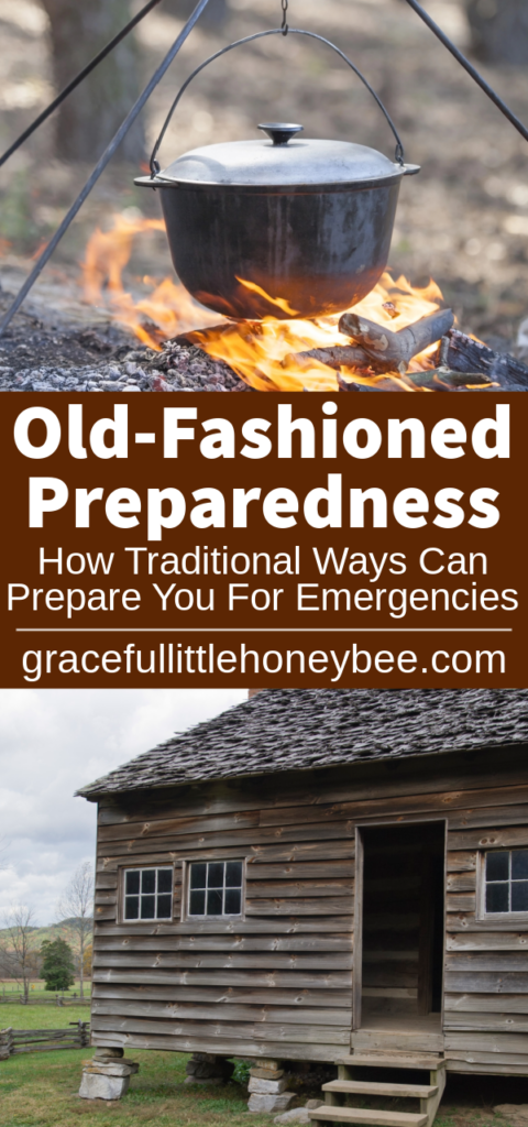 A collage of photos including a dutch oven over a campfire and an old cabin in a meadow.