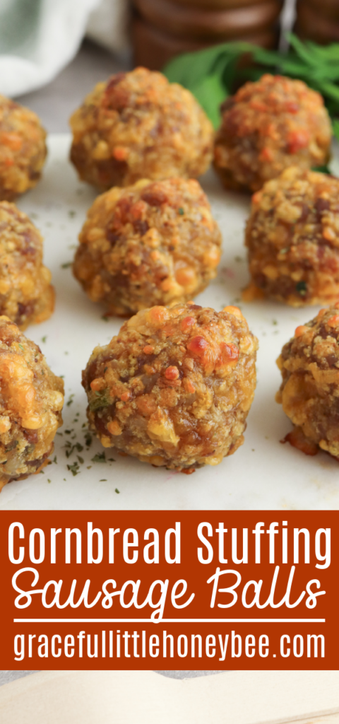 A close up view of cornbread stuffing sausage balls.