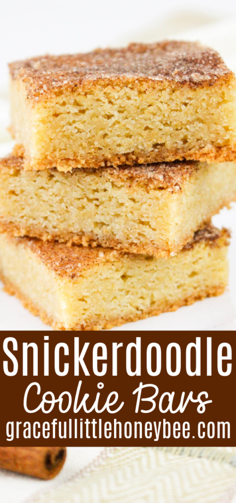 Stack of three snickerdoodle bars on a white plate with a cinnamon stick sitting next to it.