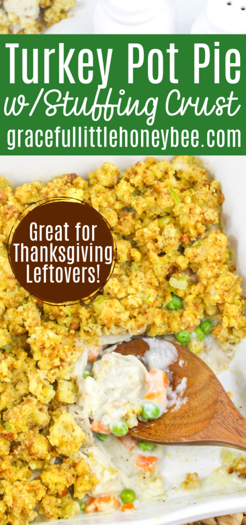 Aerial view of Turkey Pot Pie with Stuffing Crust in a white casserole dish.