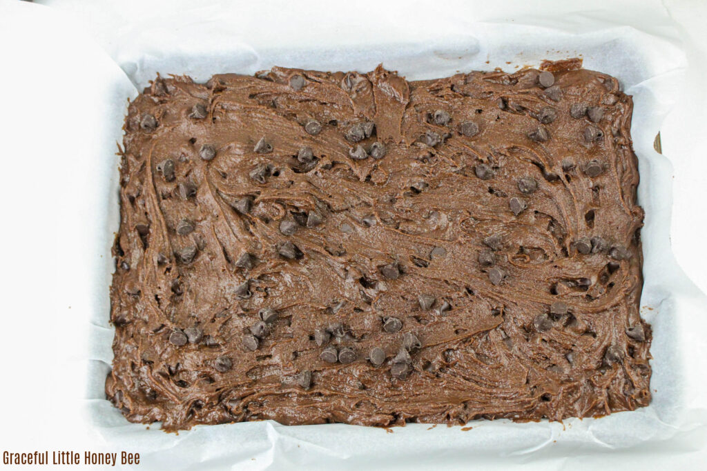 Cookie bar batter in baking pan.