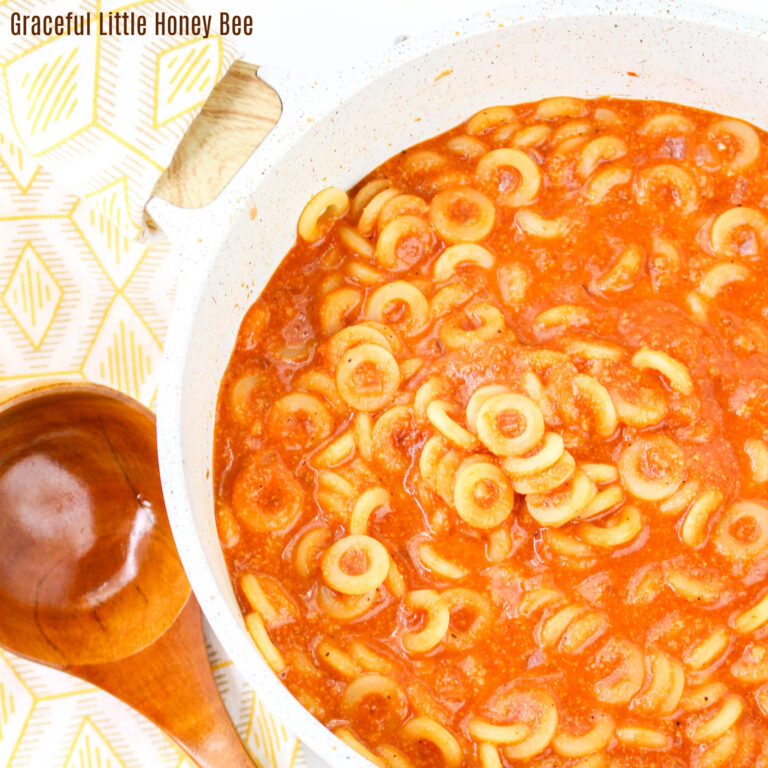 Homemade Spaghettios in a round white saucepan.