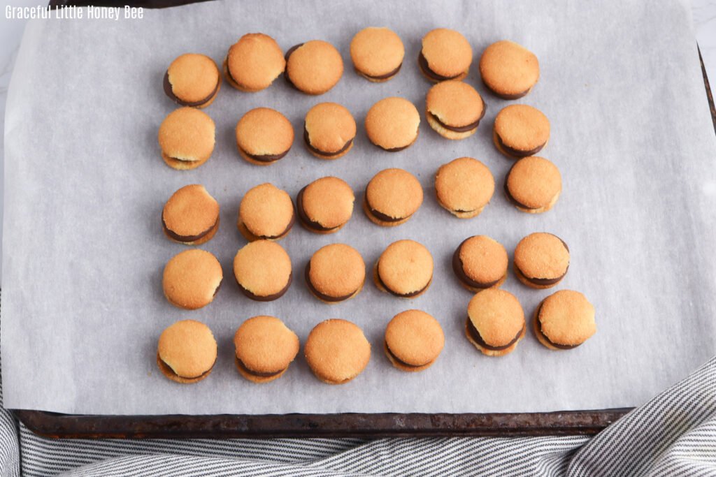 Nilla Wafers with melted Rollo candy sandwiched inbetween.