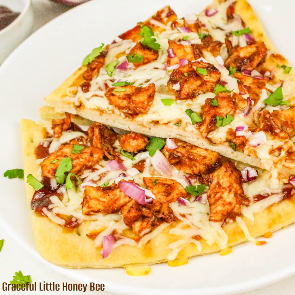 Slices of BBQ Chicken Flatbread pizza on a plate.