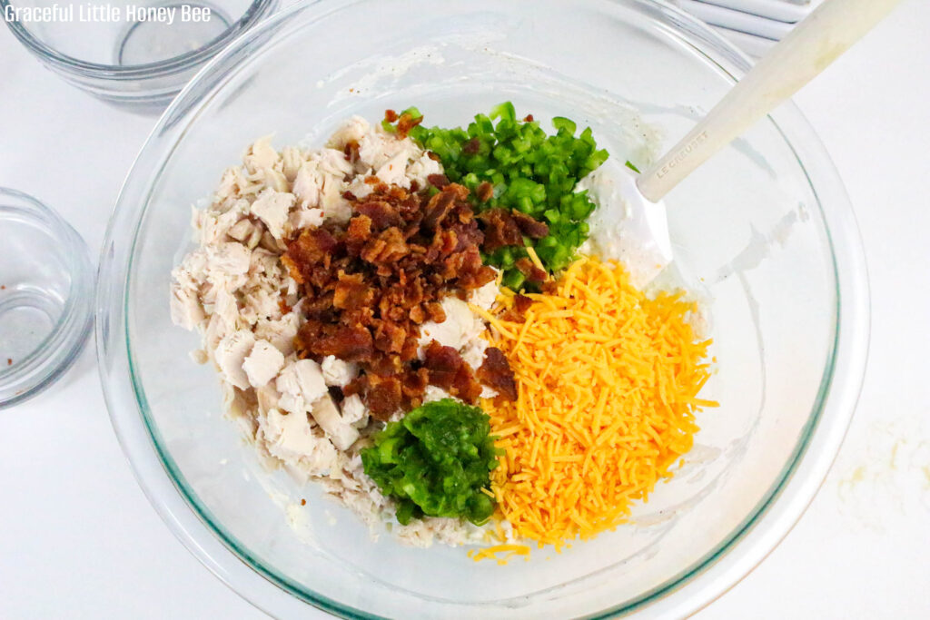Cream cheese mixture topped with bacon, green onions, chicken and shredded cheese.