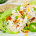 Two large scoops of Jalapeno Popper Chicken Salad on a crisp lettuce leaf served with chips on a white plate.