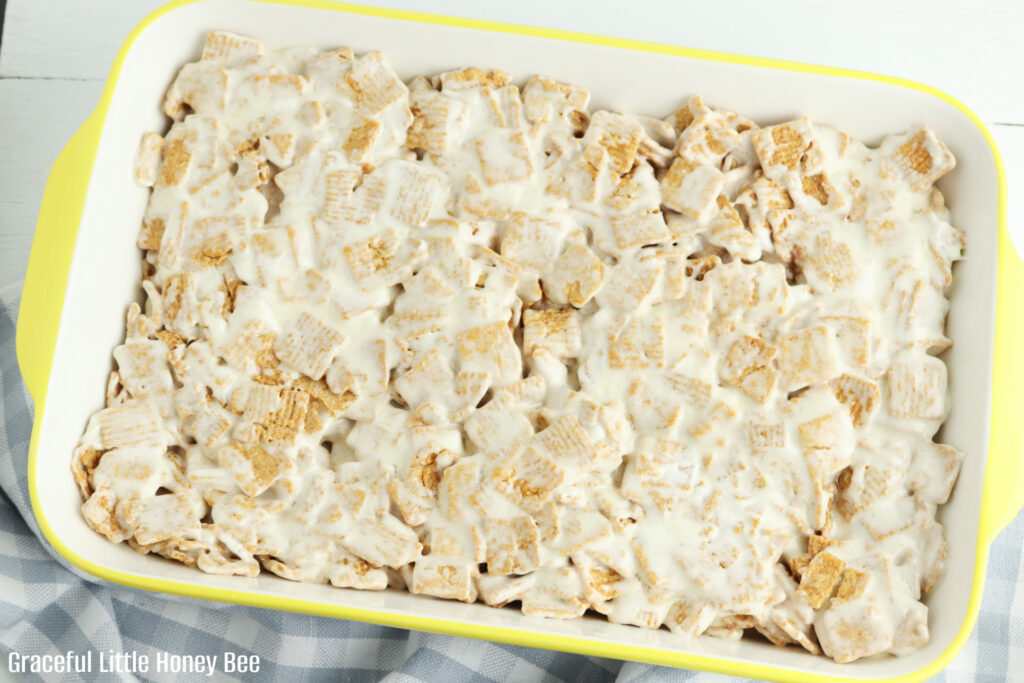 Graham Cracker mixture in baking dish.