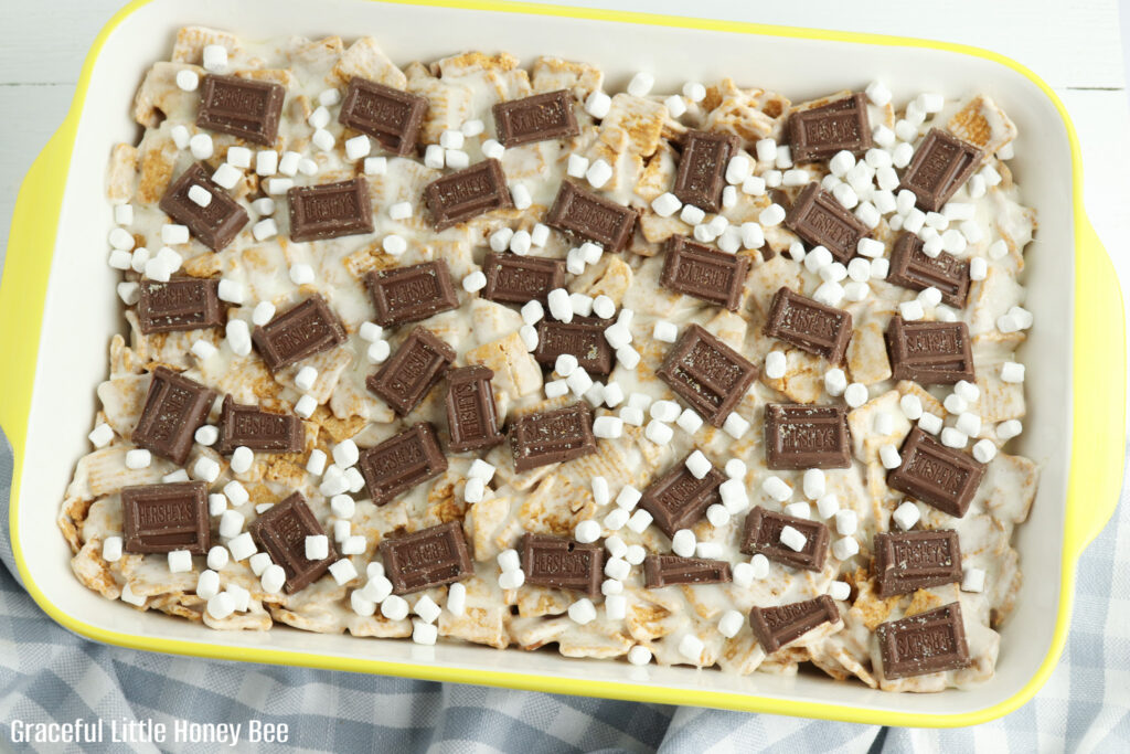 Smore's bars in casserole dish.