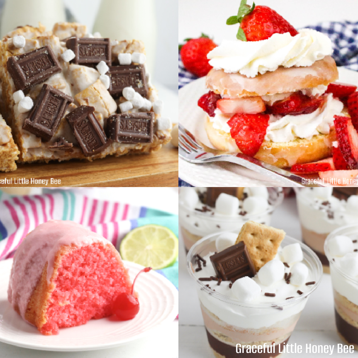A collage of summertime desserts including S'mores Parfaits, Donut Strawberry Shortcakes and Cherry Limeade Bundt Cake.