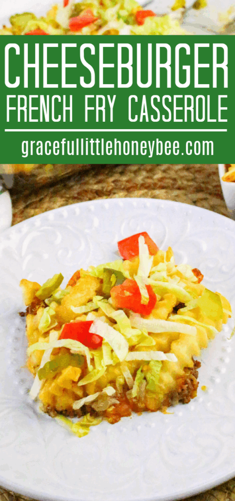 Slice of Cheeseburger French Fry Casserole on a white plate.