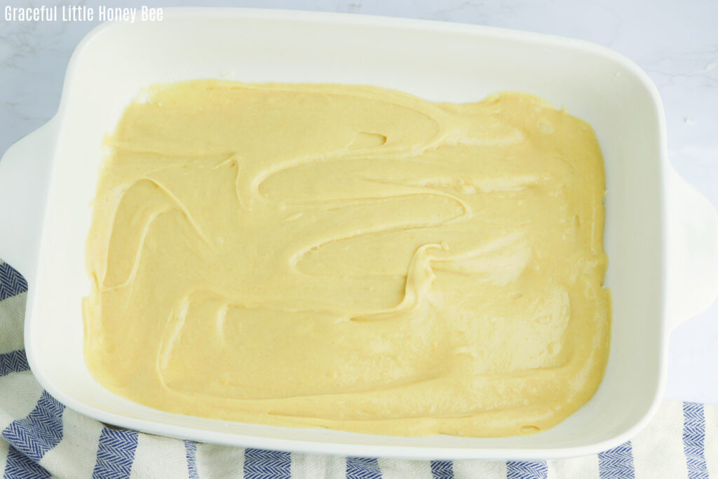 Batter in cake pan.