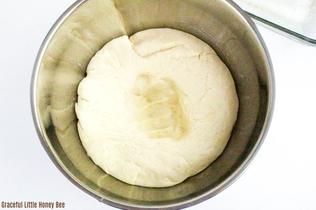 Dough after rising and being punched down in a mixing bowl.