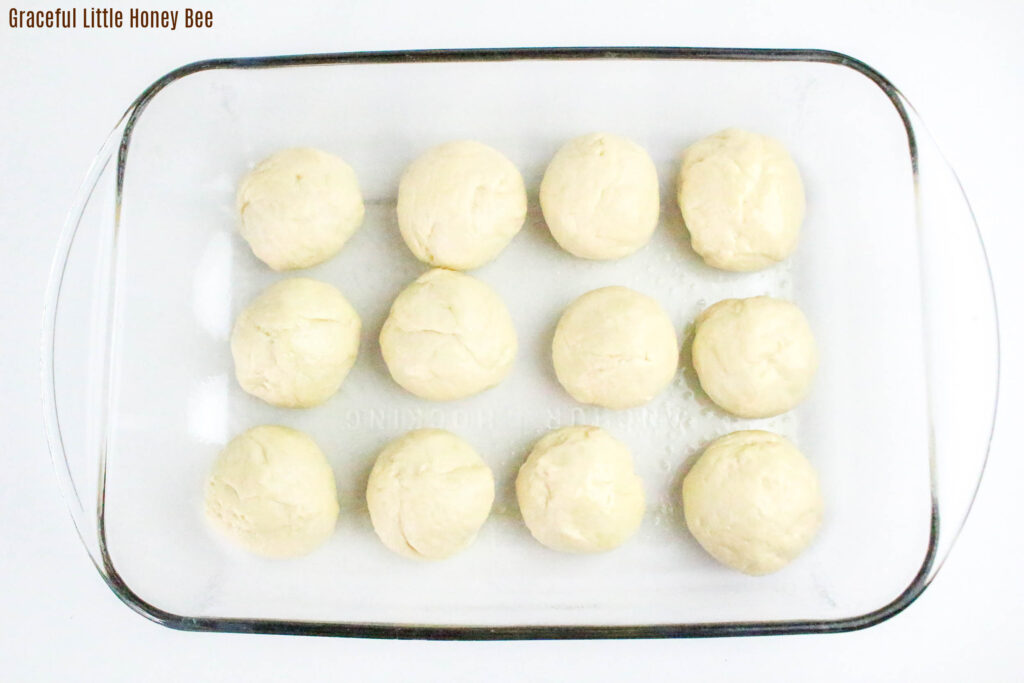 Dough shaped into rolls before going into the oven.