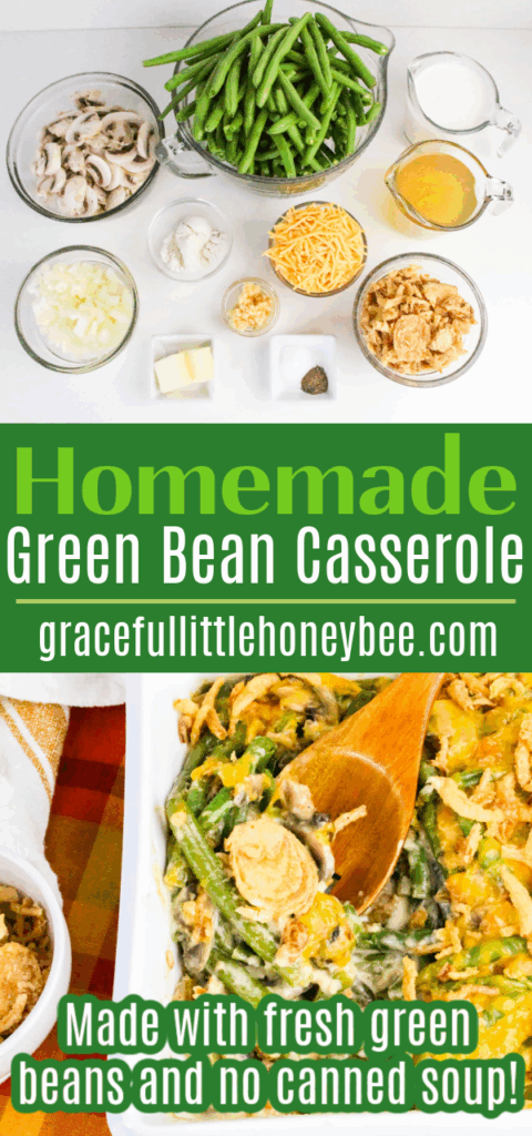 A photo collage including all ingredients in separate bowls sitting on the counter and a photo of the baked casserole with a wooden spoon.