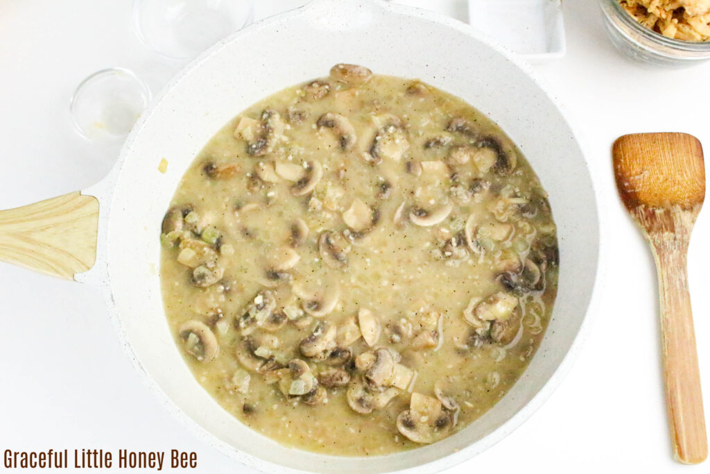 Mushroom sauce in pan.