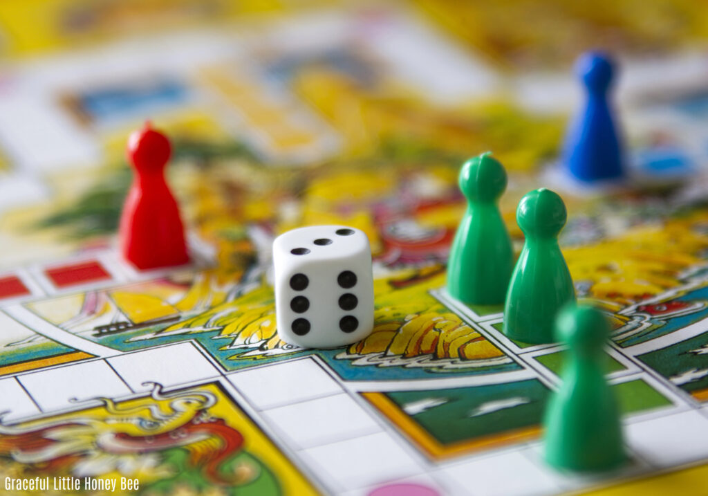 Close up view of a game board and pieces.
