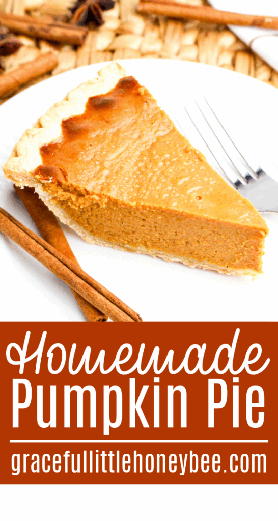 Slice of pumpkin pie with cinnamon sticks on a white plate.