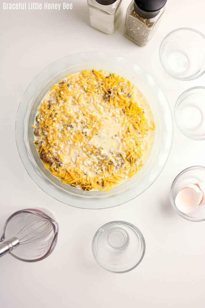 Aerial view of Cheeseburger Pie before going into the oven.