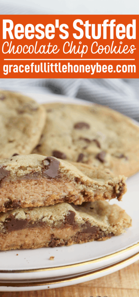 A plate with chocolate chip cookies stuffed with Reese's on a white plate.