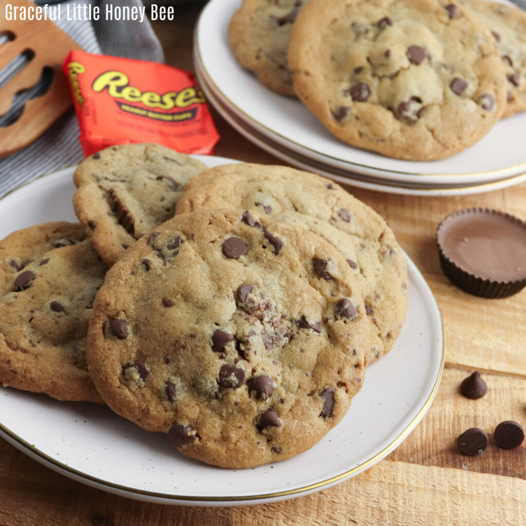 A plate with chocolate chip cookies stuffed with Reese's on a white plate.